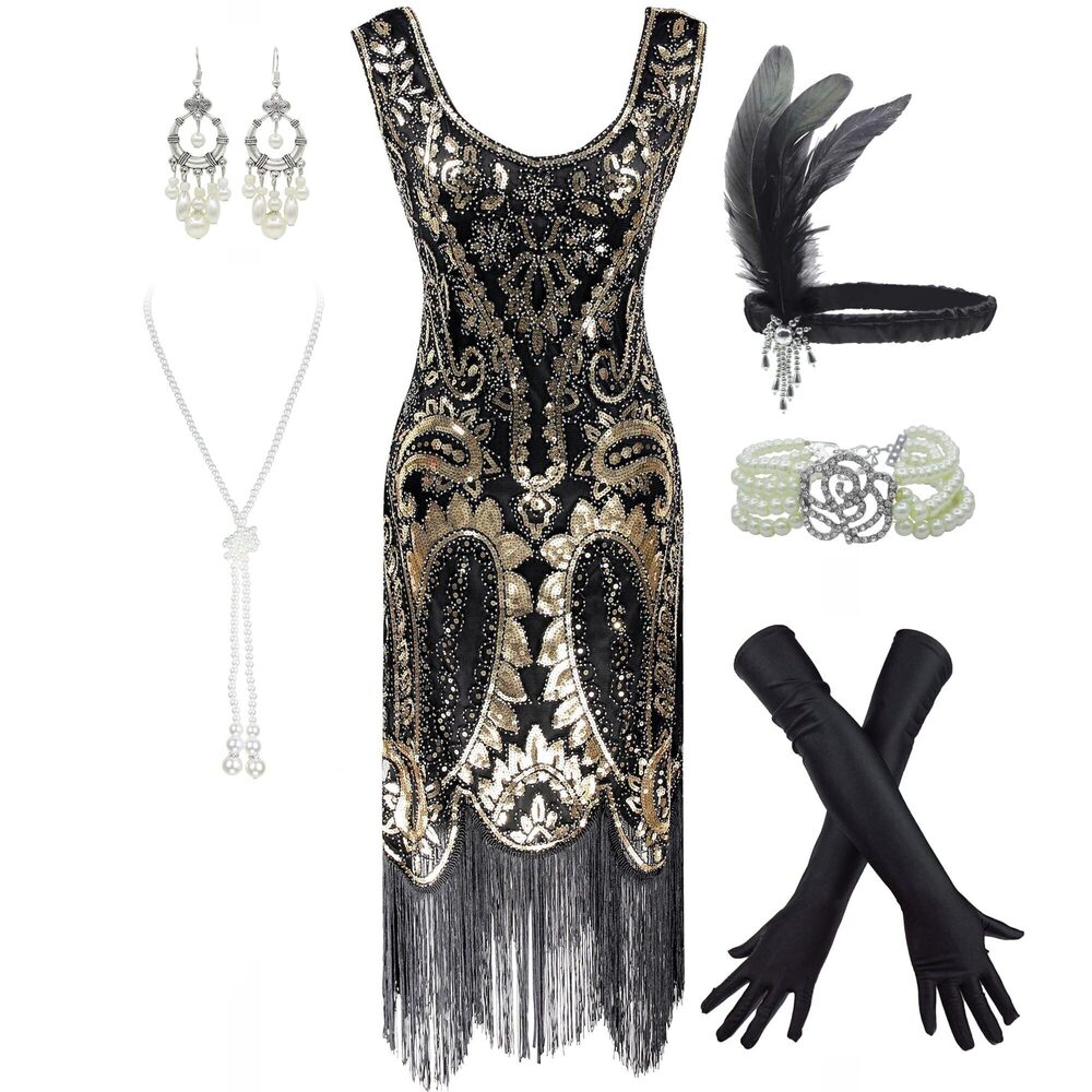 6935 Women's 1920s Flapper Fringe Beaded Great Gatsby Party